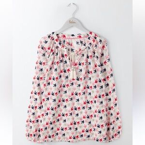 Boden Front Tie Blouse in Bird Print White Blue Pink Size 16